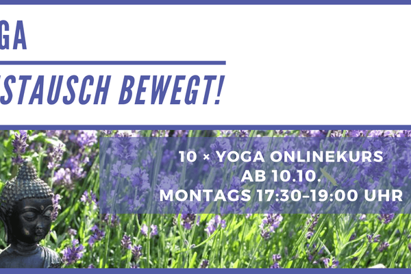 Eventbanner Yoga online mit Daten zum Kurs und Lavendelfeld im Hintergrund