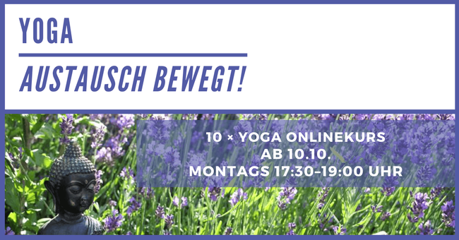 Eventbanner Yoga online mit Daten zum Kurs und Lavendelfeld im Hintergrund